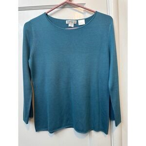 Barry Bricken Teal Blue 100% Silk Knit Sweater Long Sleeve Crew Neck Top Small